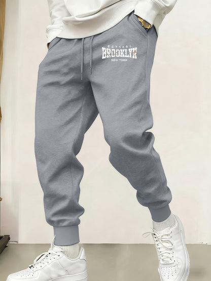 Calça Moletom Masculina Brooklyn New York Estampada Quente Confortável Calças Longas Jogger Básica Bolsos Cintura Elástica Calça Versátil