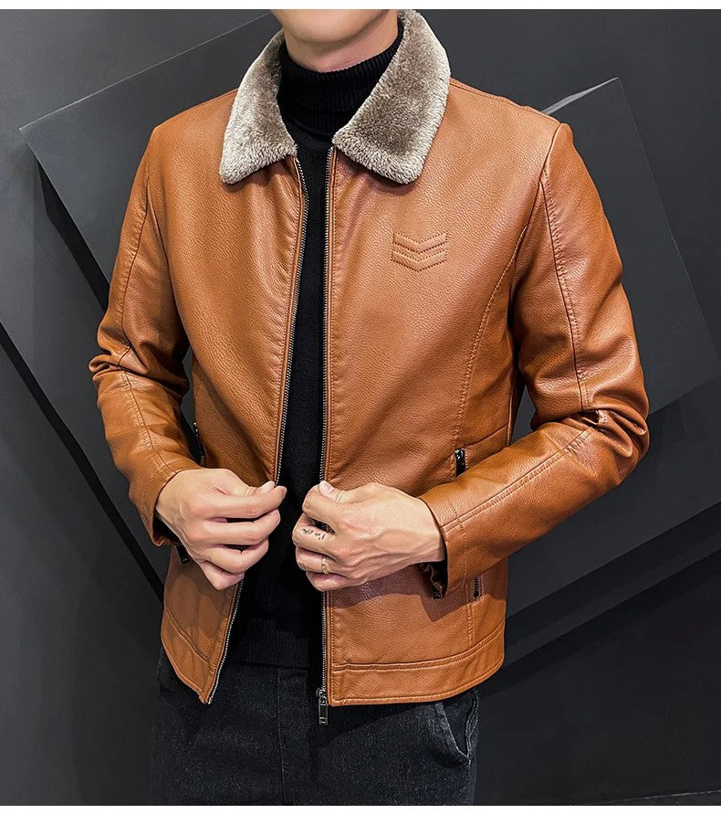 Vintage Brown Leather Jacket Men's Winter Faux Fur Collar Windproof Warm Coat Male Luxury Clothing Brand chaqueta cuero hombre