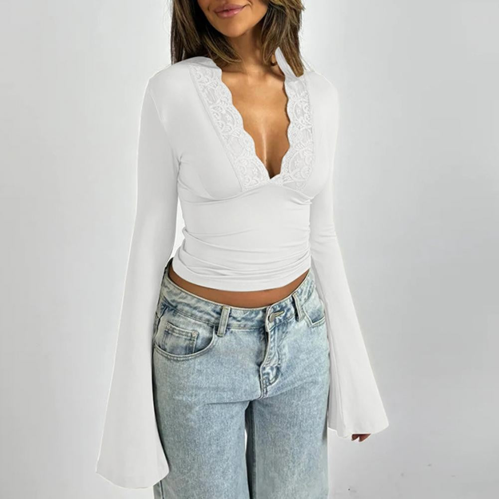 Women's Blouses Sexy Lace Deep V Neck Long Bell Sleeves Top Slim Fit Low Cut Sheer Mesh Shirt For Spring Fall Women's Clothing