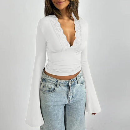 Women's Blouses Sexy Lace Deep V Neck Long Bell Sleeves Top Slim Fit Low Cut Sheer Mesh Shirt For Spring Fall Women's Clothing