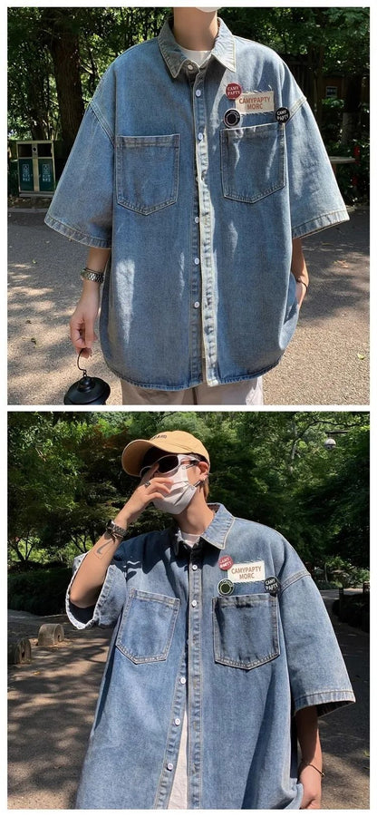 Retro Japanese Style Pocket Badge Denim Short Sleeve Casual Shirt Men's Loose Collar Jacket Trendy Summer Clothing