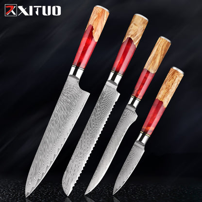 XITUO Conjunto de Facas de Cozinha de Aço Damasco de 1 a 9 Peças Inclui Faca do Chefe, Faca de Pão, Cutelo, Faca Santoku, Faca Nakiri para Desossar