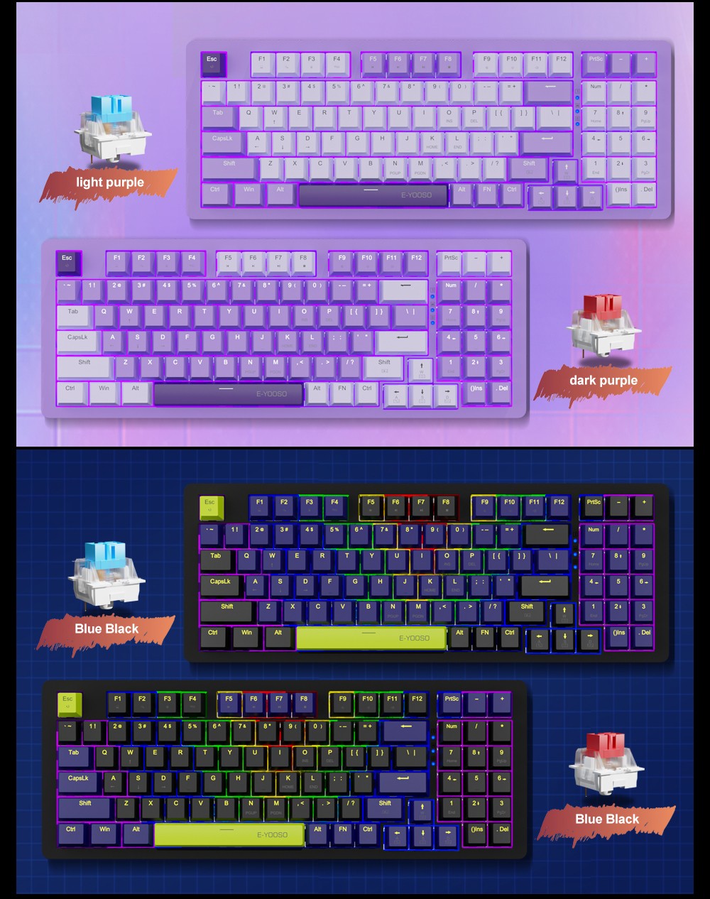 Teclado Mecânico Gamer E-YOOSO Z94 USB com Fio LED Monocromático Retroiluminado Switch Azul Vermelho 94 Teclas para Computador Laptop PC