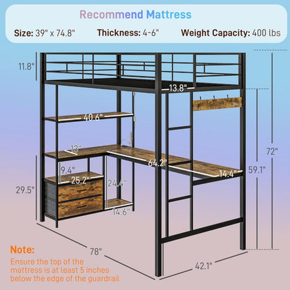 Metal Loft Bed Twin Size with L-Shaped Desk, LED Lights, Charging Station,Twin Loft Bed Frame with Drawers,Guardrail, Noise Free