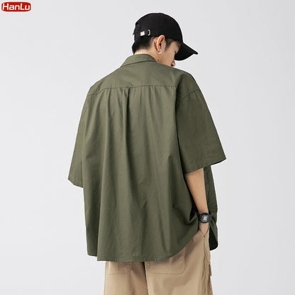 Japan Style Cargo Shirts Men Summer  Pure Cotton Loose Casual Pocket Shirts Men Women Plus Size Short Sleeve Shirt