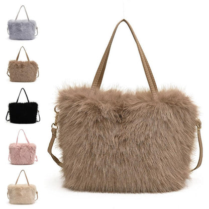 Faux Fur Tote Bag Women's Bucket Plush Light Luxury Ladies Handbags Soft Winter Crossbody Shoulder Bags
