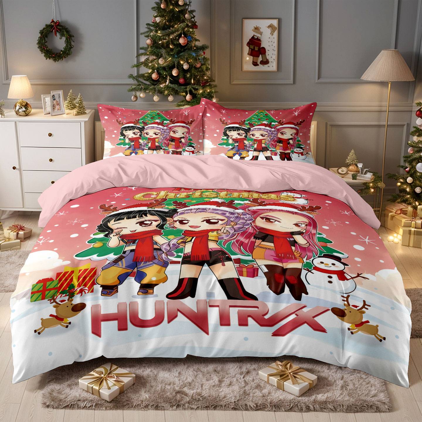 Conjunto de Colcha de Natal K-Pop Demon Hunters com Estampa Sem Lascas (3 Peças) para Quarto/Dormitório, Lavável à Máquina