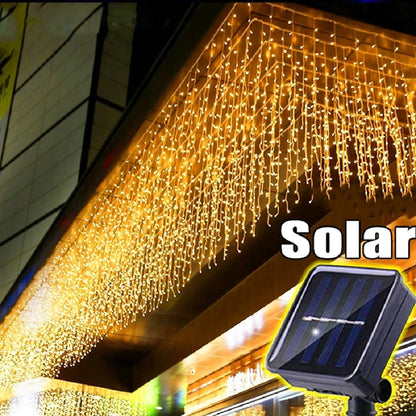 Christmas Lights Outdoor Waterproof Solar Curtain Icicle Lights Eaves Decor String Lights for Yard Party Holiday Decorations