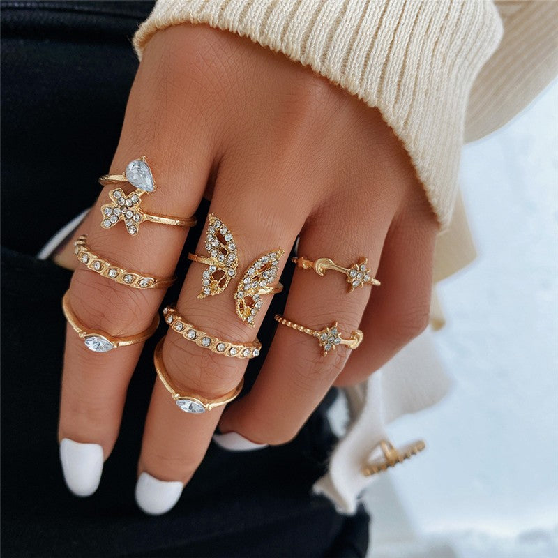 Conjunto de Anéis Boêmios com Zircônia para Mulheres, Anel Dourado com Cristal Boêmio Letra Amor Coração Lua Flecha Flor, Joias de Casamento, Presentes