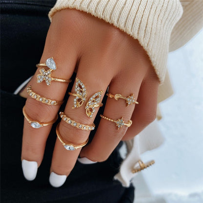 Conjunto de Anéis Boêmios com Zircônia para Mulheres, Anel Dourado com Cristal Boêmio Letra Amor Coração Lua Flecha Flor, Joias de Casamento, Presentes