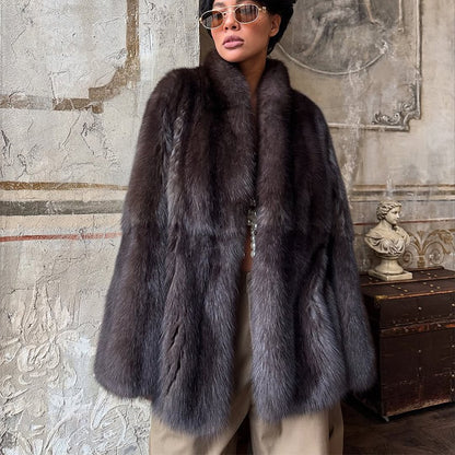 Casual Medium-length Fur Coat Women Fashion Lapel Hidden Button Loose Elegant Warm Outwear 2025 Fashion Office Commute Overcoat