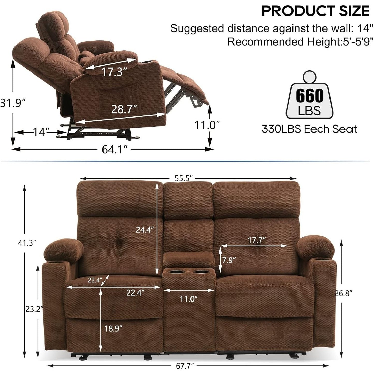 Sofá Reclinável Elétrico de 2 Lugares | Sofá Reclinável de 2 Lugares com Console e Porta-Copos | Sofá Reclinável Duplo | Assentos para Sala de Cinema