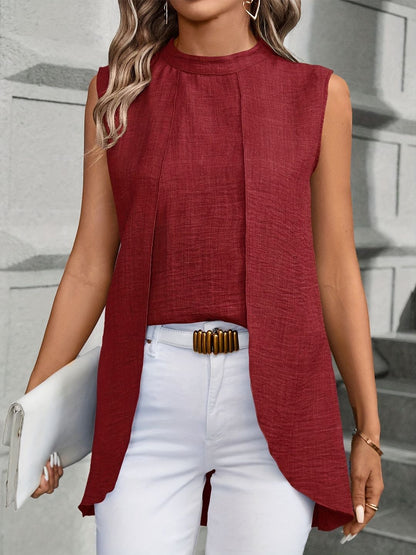 Two Fake Pieces Shirts For Women 2024 Fashion O-neck Sleeveless Shirt Tops Summer Elegant Solid Blouse Top Femme Black