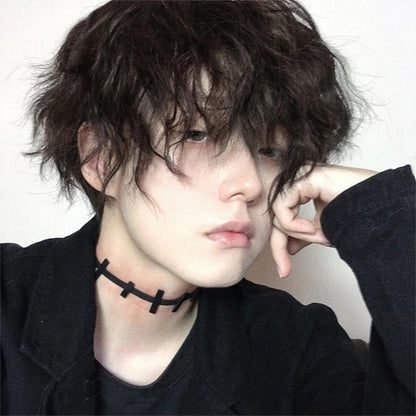 OLACARE Perucas Curta Mullet com Franja Sintética Reta Anime Masculina Preto Branco Cinza Verde Peruca de Cabelo para Festa Diária Cosplay