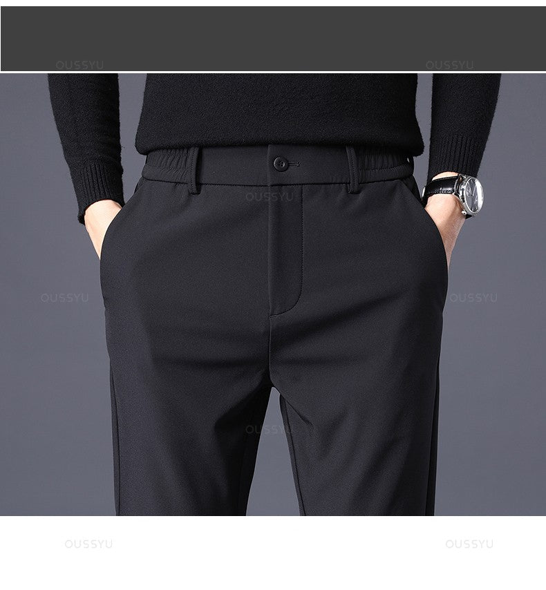 Winter Warm Men's Fleece Pants Thick Business Stretch Slim Fit Elastic Waist Jogger Korean Classic Black Gray Blue Trousers Male