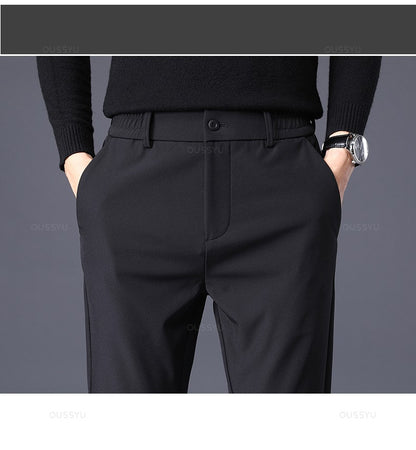 Winter Warm Men's Fleece Pants Thick Business Stretch Slim Fit Elastic Waist Jogger Korean Classic Black Gray Blue Trousers Male