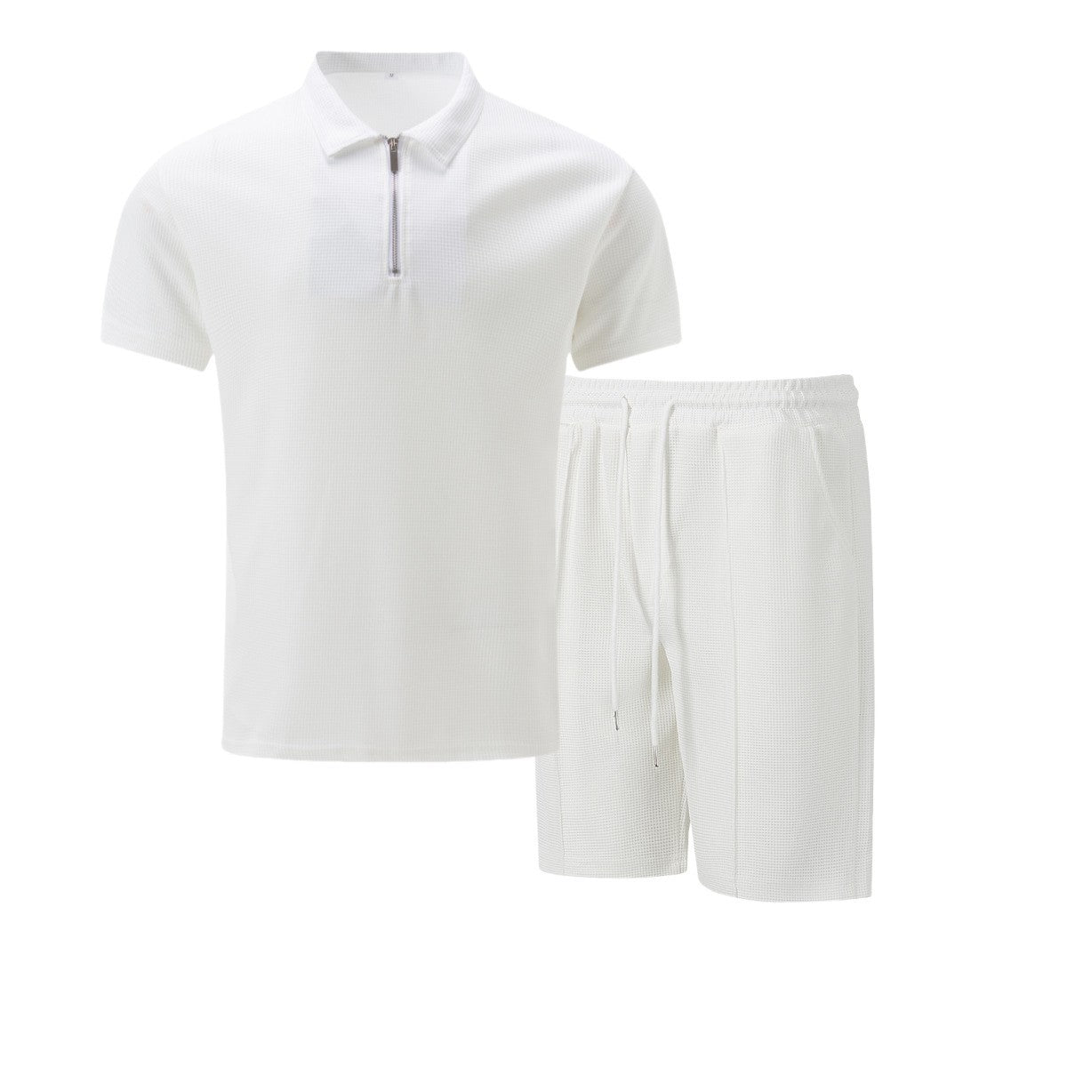 2025 Men Europe and the United States new summer Waffle solid color zip-up lapel short-sleeve suit shorts two sets