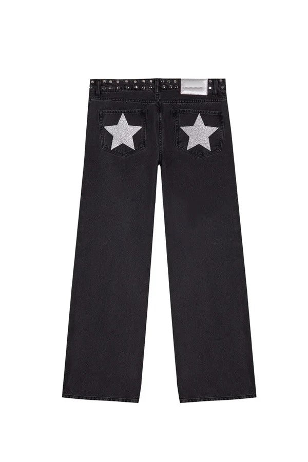 Women Y2K Vintage Jeans Patchwork Leopard Star Pattern Metal Rivet Jeans Female Baggy Casual Straight Leg Pants Women Clothing