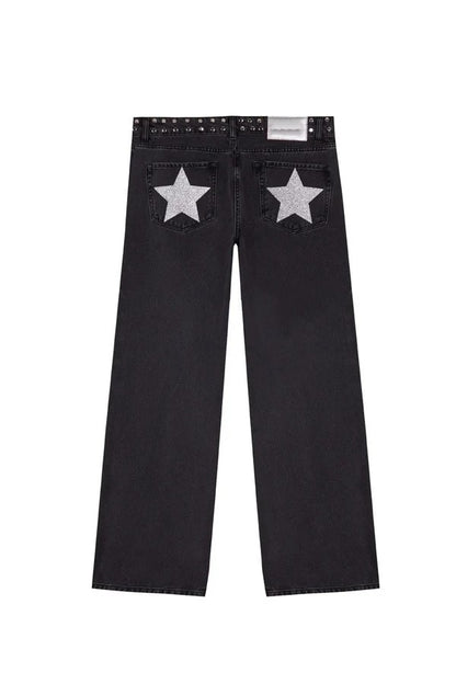 Women Y2K Vintage Jeans Patchwork Leopard Star Pattern Metal Rivet Jeans Female Baggy Casual Straight Leg Pants Women Clothing