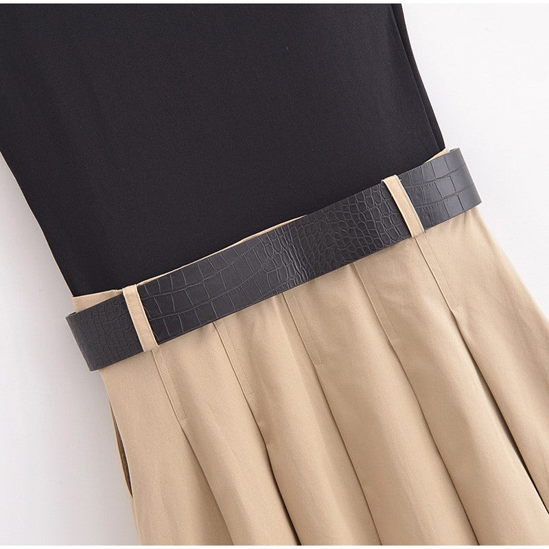 Fashion Patchwork Pleated Long Dress With Belt Women Chic Sleeveless Tank Maxi M