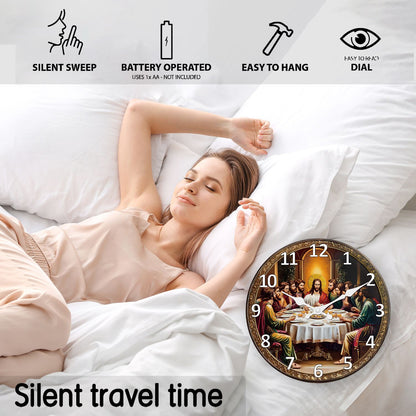 A Retro Religious“The Last Dinner” Wooden Wall Clock Living Room Bedroom Kitchen Home Decoration Wall Clock Silent Quartz Clock Holiday Gift 10 Inches 12 Inches 14 Inches 16inch (Without Batteries)