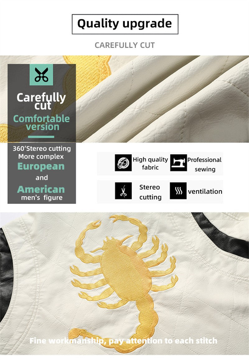 High Quality Men Leather Jacket Scorpion Embroidery Streetwear Windproof Motorcycle Biker Stand Collar Mens PU Leather Jackets