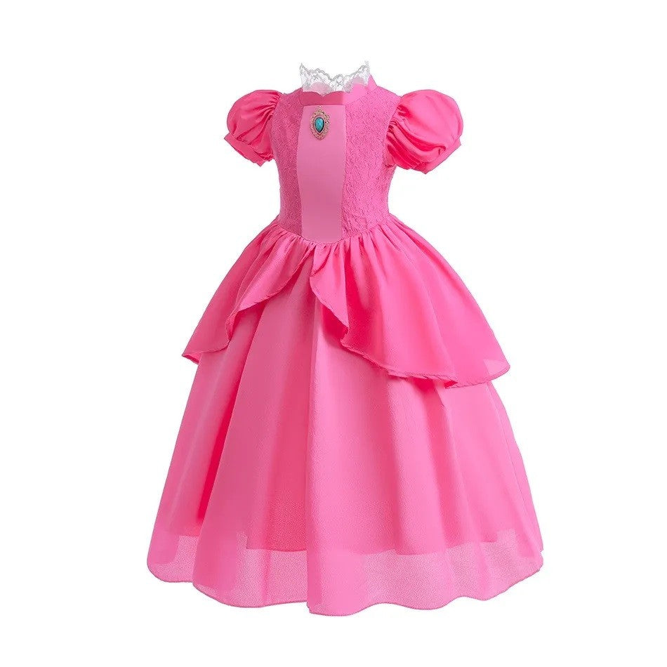 New 2026 Movie Inspired Lolita Princess Dress Super Plumber Bros's Friend Peach Costume Girls Pink Lace Frock Role Play Apparel