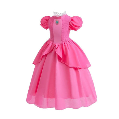 New 2026 Movie Inspired Lolita Princess Dress Super Plumber Bros's Friend Peach Costume Girls Pink Lace Frock Role Play Apparel