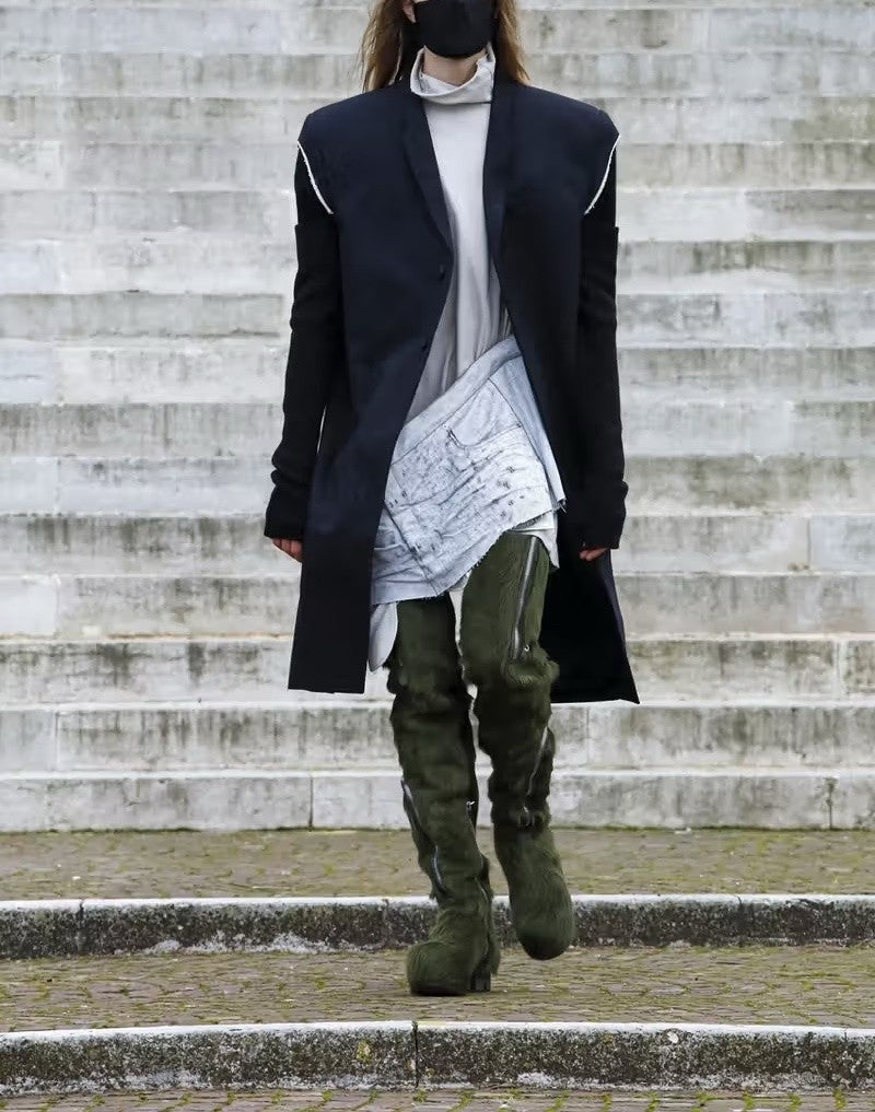 High Street Men's and Women's RO Dark Show Knitted Edge Splicing Sleeve Wide Shoulder Windbreaker Coat Medium Length Blazer Coat