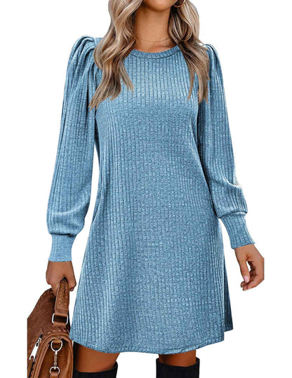 Y2K autumn and winter women's crew neck solid color sweater bubble sleeve fashion commuter dress comfortable casual loose dress