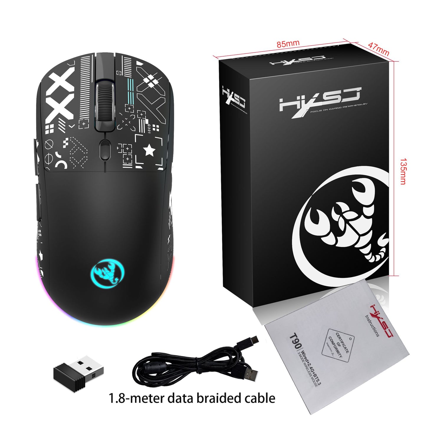 Mouse Bluetooth Sem Fio T90 RGB (BT1/BT2+ USB) 2.4GHz Recarregável Silencioso com Adaptador Tipo C