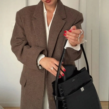 Women Shoulder Pad Wool Long Coats Fashion Lapel Single-breasted Long Sleeve Coat Chic 2025 Autumn Lady Commute Street Outerwear