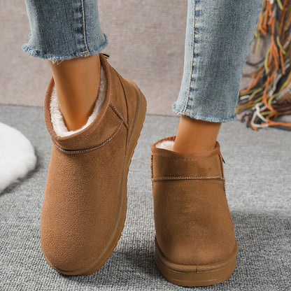 Women's Solid Color Thick Plush Snow Boots Comfortable Warm Flat Ankle Boots Woman Winter Casual Slip On Cotton Shoes Plus Size