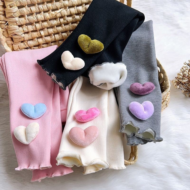 1-6Y Fleece Lined Leggings for Girls Winter Warm Bear Patch Elastic Pants Soft Kids Trousers Teenage Girls Clothing