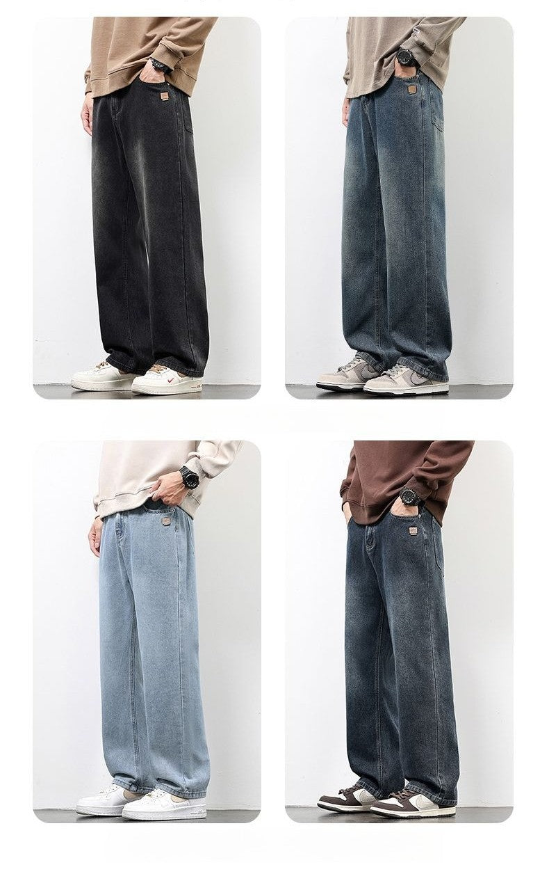 Calça Jeans Masculina Reta Vintage de Primavera Outono Calça Casual de Alta Qualidade Masculina Coreana Moderna Folgada de Perna Larga