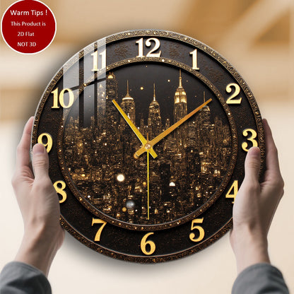 Tempered Glass Wall Clock Golden City Skyline At Night Suitable For Wall Decor or Tabletop Display Anywhere