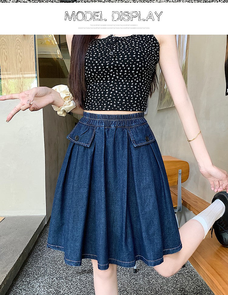 Casual Summer Plus Size Midi Denim Skirts Woman Preppy Loose A-line Ruffles Skirt With Shorts Elastic Waist Jeans Skirts Women