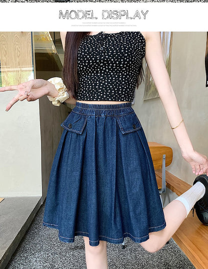 Casual Summer Plus Size Midi Denim Skirts Woman Preppy Loose A-line Ruffles Skirt With Shorts Elastic Waist Jeans Skirts Women