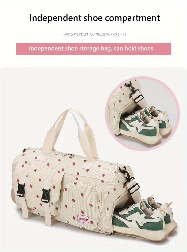 Large Capacity Travel Duffel Bag with Strawberry Pattern, Wet/Dry Separation, Independent Shoe Compartment & Multiple Pockets