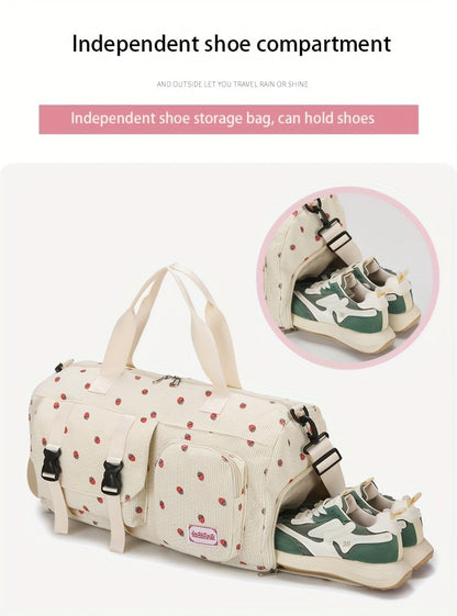 Large Capacity Travel Duffel Bag with Strawberry Pattern, Wet/Dry Separation, Independent Shoe Compartment & Multiple Pockets