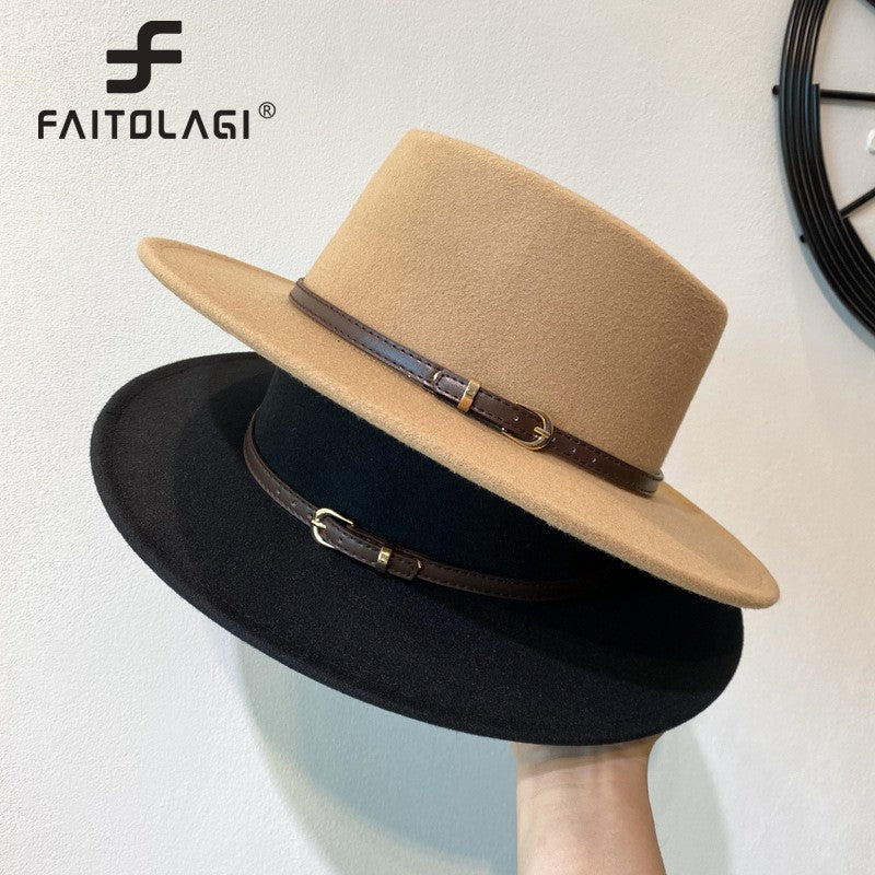 Chapéu Fedora de Lã Feminino com Fivela Decorada Aba Reta Feltro Retrô Jazz Boné Inverno Outono Quente Estilo Britânico Boater