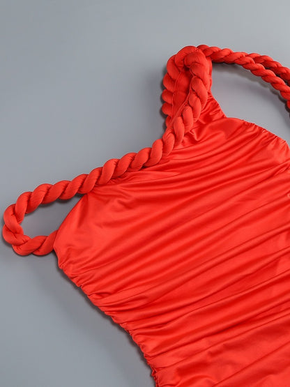 New Sexy One Shoulder Patchwork Twist Knot Draped Mini Dress Women Diagonal Collar Ruched Bodycon Dresses Evening Party Cocktail