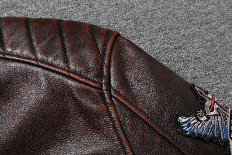 Fashionable Men's Motor Jacket Genuine Cow Leather Coat Male Outerwear Windbreaker Spring Autumn Cloth with Epaulet Brown