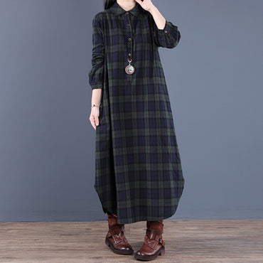 Spring And Autumn New Women's Fashion Loose Splicing Plaid Collar Button Long Sleeve Dress Medium Length Shirt Maxi Dresses 2026