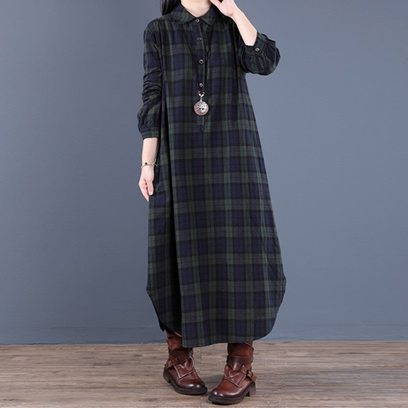 Spring And Autumn New Women's Fashion Loose Splicing Plaid Collar Button Long Sleeve Dress Medium Length Shirt Maxi Dresses 2026