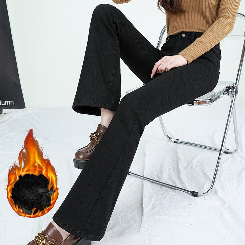 Winter Female Thin Snow Warm Plush Jeans Lady Chic Fleece Flared Pants Girls Korean High Waist Straight Leg Denim Trousers