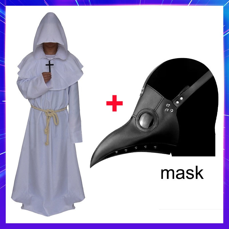 Medieval Monk Cosplay Wizard Hooded Robe Steampunk Priest Horror Cloak For Men Unisex Mask Hat Costume Halloween Masquerade Cape