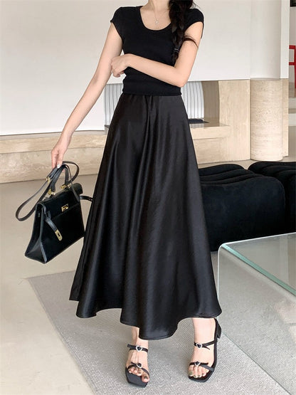 Plus Size Satin Half-Body Skirt Female 2026 Spring New Korean Fashion Temperament Elegant Solid Casual A-line Skirts