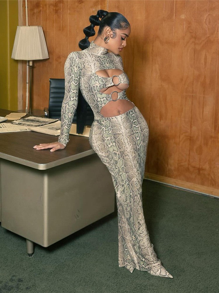 Weird Puss Sexy Snakeskin Maxi Dress Women Chest Hollow Metal Ring Turtleneck Peach Hip Hipster Street Stretch Skinny Bodycon