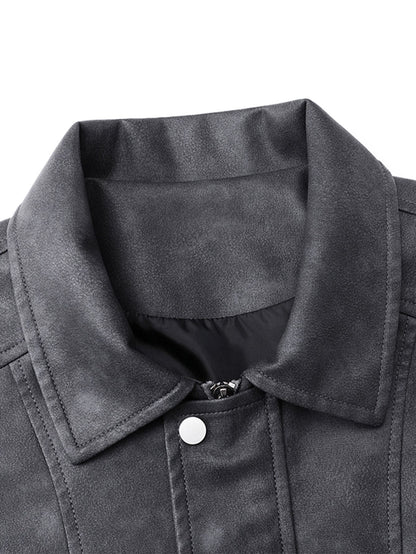 Plus Size Men's Casual Loose Fit Turndown Collar Motorcycle PU Leather Jacket, Suitable For Autumn, Zipper Front